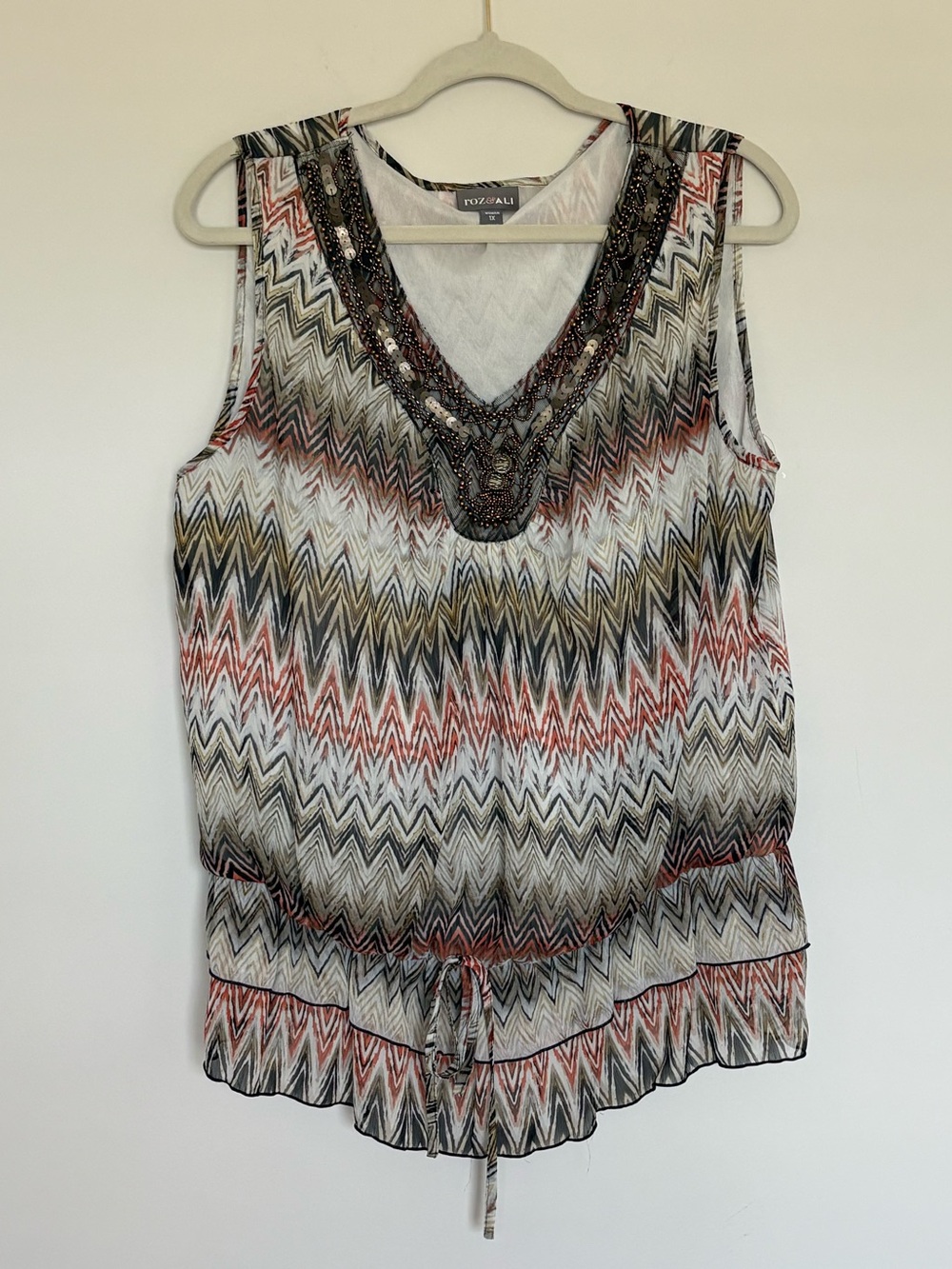 Roz & Ali Beaded Chevron Chiffon Blouse Plus Size 1X Boho Drop Waist Tank Top